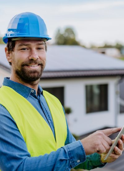 Smiling handyman solar installer standying in front of family house with solar system on the roof